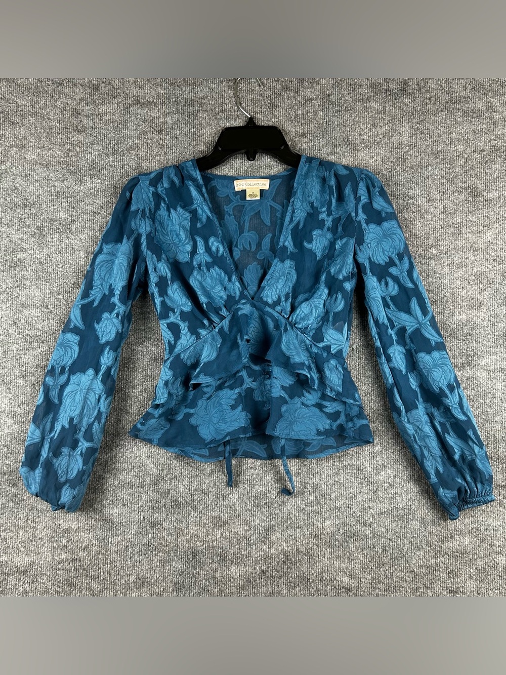 B.O.G Collective Teal Floral Burnout Tie Front Peplum Blouse XS
